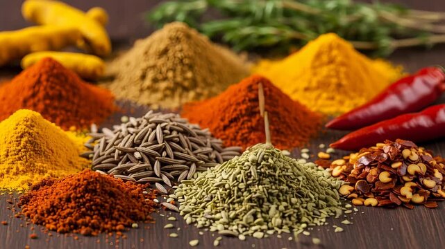 Colorful Spice Piles with Herbs and Chilies on Dark Wood Table Food Still Life Arrangement Culinary Delights