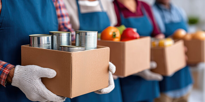 Volunteers holding donation boxes with food for charity, delivering essentials to needy families