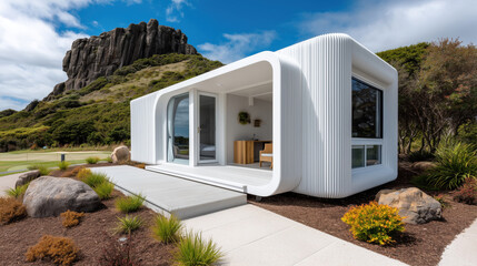Modern tiny house with futuristic design overlooking scenic mountain landscape