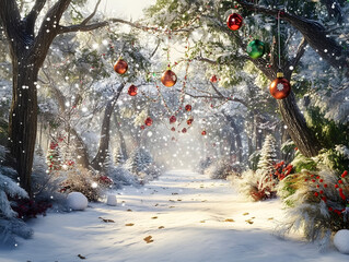 Winter forest with hanging red ornaments and snow trail