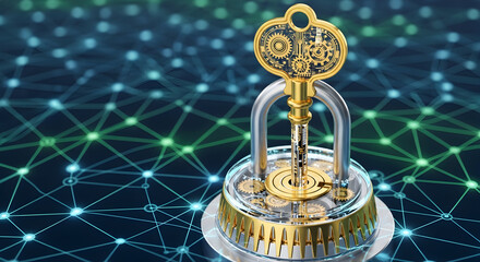 Unlock the future with this stunning golden key and padlock, perfect for illustrating cybersecurity, blockchain, and innovative technology solutions with a secure digital edge