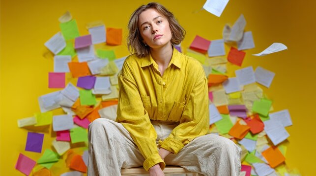 Woman sits on a stool in front of a wall covered in colorful sticky notes. The notes are scattered all over the wall, and the woman is looking at them. Concept of chaos and disorganization - Powered by Adobe