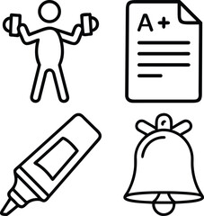 Four simple black and white icons arranged in a grid: a person lifting weights, a graded paper, a marker, and a school bell.
