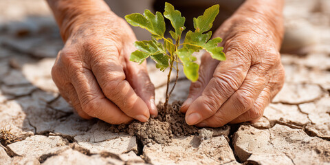Senior farmer planting young tree in dry cracked soil