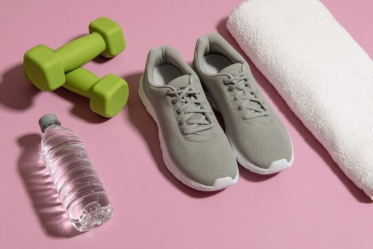 Generative AI. Fitness equipment arranged on a pink background, featuring gray athletic shoes, green dumbbells, a water bottle, and a white towel, promoting a healthy lifestyle and exercise routine - Powered by Adobe
