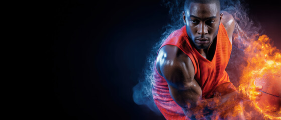 Basketball player dribbling with flaming ball on fire effect background