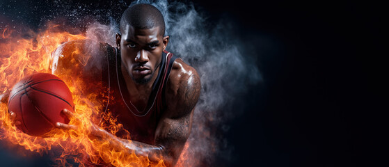 Basketball player holding ball enveloped in fiery flames and smoke