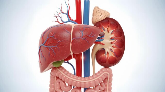 Detailed Liver Kidney Intestines and Blood Vessels Anatomy in 3D Rendering on White Gradient Background