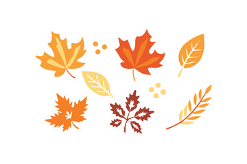 Collection of colorful autumn leaves and small dots on a black background