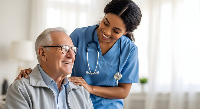 Compassionate Caregiver Providing Elderly Man with Gentle Support and Comfort at Home Healthcare Services