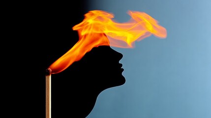 Matchstick is lit and the flame is very close to the head of a person. Concept of danger and the potential for harm