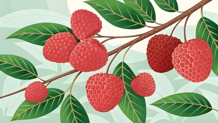  illustration of vibrant red lychee fruits growing on leafy branches. 