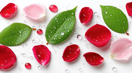 Rose petals and green leaves embellished with sparkling water droplets on white background