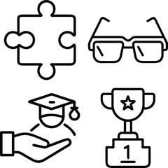 Four simple line art icons depict a puzzle piece, eyeglasses, a hand holding a graduate, and a first-place trophy.