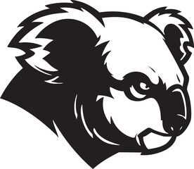 A fierce koala head mascot shown in profile, a stylized black and white graphic illustration with an aggressive expression.