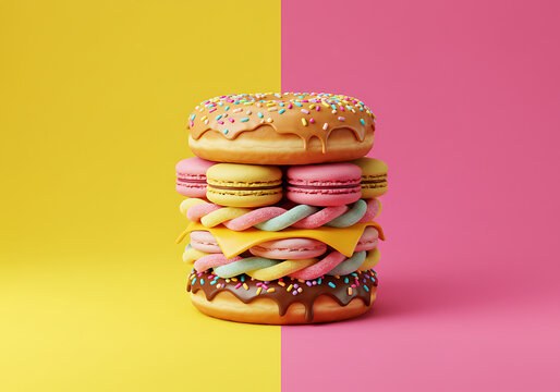 A surreal dessert burger made of donuts, macarons, and candy on a split pink and yellow background - Food Illusion