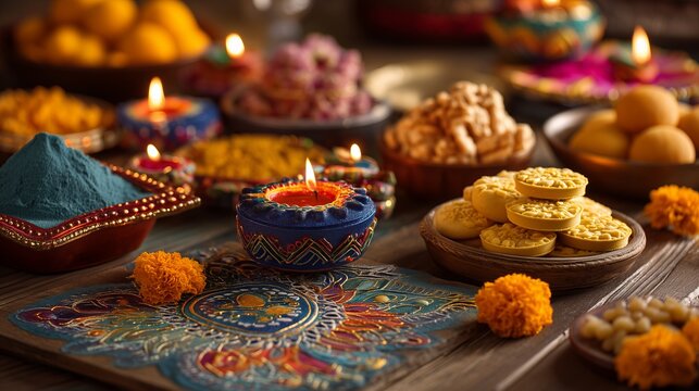 Diwali festival of lights themed flat lay composition on wooden table with decorative oil lamps (diyas), colorful rangoli powder patterns, marigold flowers, and traditional sweets arranged neatly. 
