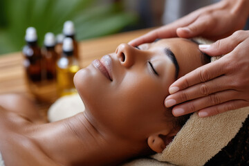 Beautician massaging face of relaxed woman in spa center