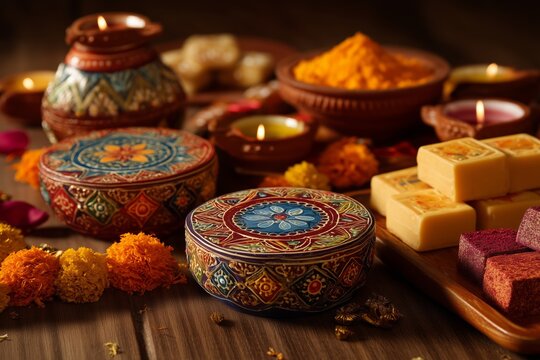 Diwali festival of lights themed flat lay composition on wooden table with decorative oil lamps (diyas), colorful rangoli powder patterns, marigold flowers, and traditional sweets arranged neatly. 