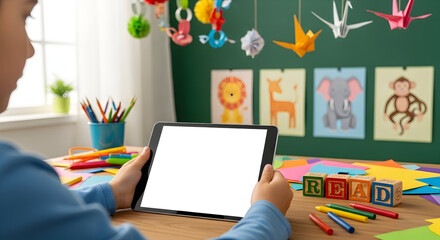 Child using tablet for online learning education kids school classroom preschool distance learning technology digital device blank screen mockup e learning remote education home schooling study