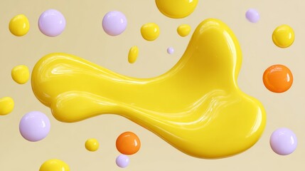 Yellow blob with orange and purple dots surrounding it. The blob is a splash of paint, and the dots are the paint droplets. The image has a playful and creative mood