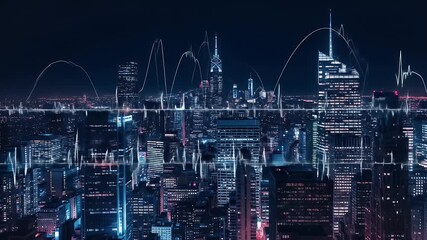 City skyline at night with abstract light patterns - Powered by Adobe