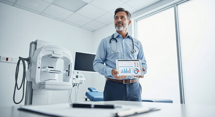 A confident male doctor in a modern clinic holding a tablet with medical data and charts, standing near advanced diagnostic equipment.
