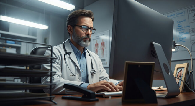 A focused male doctor with a beard and glasses wearing a lab coat and stethoscope, typing on a computer in his office.