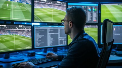Man in Glasses Analyzing Soccer Matches on Multiple Computer Monitors Displaying Stadium Fields and Programming Code in Office - Powered by Adobe
