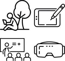 Four simple line art icons depict outdoor reading, digital drawing, classroom teaching, and virtual reality.
