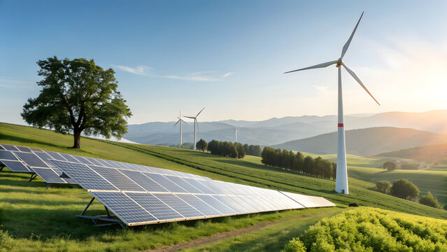 solar panels and wind turbines - Powered by Adobe