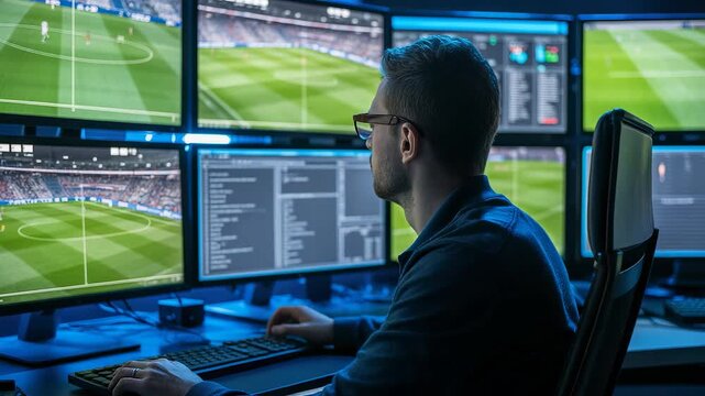 Man in Glasses Analyzing Soccer Matches on Multiple Computer Monitors Displaying Stadium Fields and Programming Code in Office