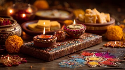 Naklejka premium Diwali festival of lights themed flat lay composition on wooden table with decorative oil lamps (diyas), colorful rangoli powder patterns, marigold flowers, and traditional sweets arranged neatly. 