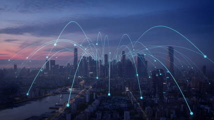 Smart city skyline with digital network, connectivity and data infrastructure