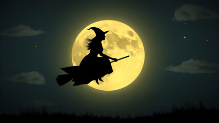 A realistic silhouette of a witch flying on her broom across a large, glowing full moon in a starry night sky.