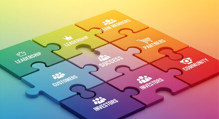 Unlock vibrant business success with a collaborative puzzle representing leadership, team members, partners, community, customers, investors, and success, fostering growth and synergy