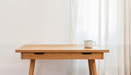 Modern wooden table with a coffee cup and sheer curtains  