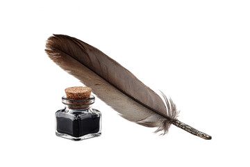 feather quill and ink bottle on a white background, png, transparent