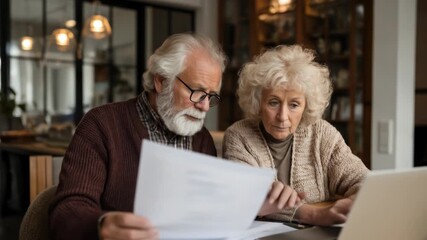 An elderly couple reviews paperwork together at their home, utilizing a laptop for assistance.  They appear serious and focused on the documents