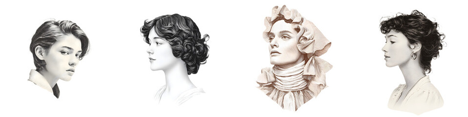 Obraz premium Elegant Women's Portraits. Vintage Style Fashion on White Background.