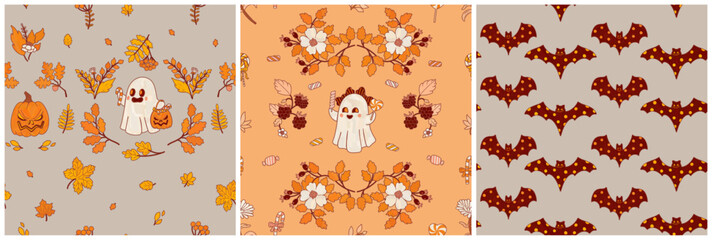 Three decorative Halloween wallpaper designs. Flowers, autumn yellow leaves, and ghosts. Cartoonish traditional holiday symbols. Seamless orange-gray sweet pattern print.
