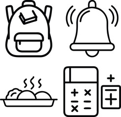 A collection of four simple line art icons representing a backpack, a ringing bell, a plate of food, and a calculator with a plus sign.
