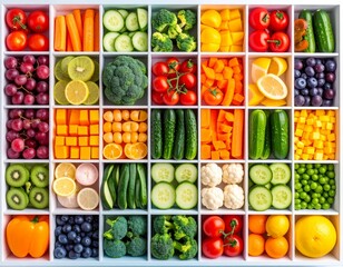 Fresh Rainbow Fruits and Vegetables in Neat Square Compartments