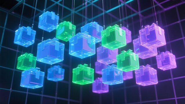 Digital Abstract Neon Blocks on Dark Grid Background for Technology and Blockchain Concepts