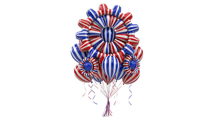 Balloon cluster shaped like a gear with red white and blue stripes floating upward isolated on white background