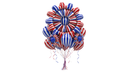 Balloon cluster shaped like a gear with red white and blue stripes floating upward isolated on white background