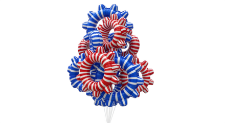 Balloon cluster shaped like a gear with red white and blue stripes floating upward isolated on white background