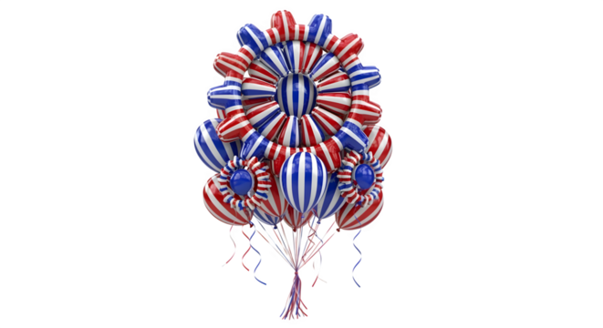 Balloon cluster shaped like a gear with red white and blue stripes floating upward isolated on white background