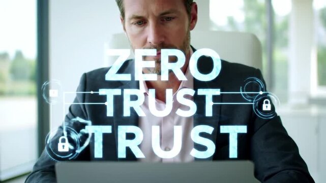 Zero Trust Cybersecurity Man Uses Laptop with Digital Security Overlay and Lock Icons, Network Protection, Modern Security Model, Data Breach Prevention.