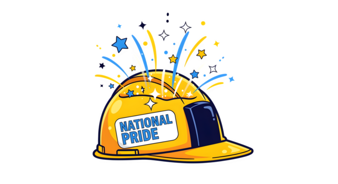 Cartoon construction helmet filled with stars and sparkles labeled national pride isolated on white background